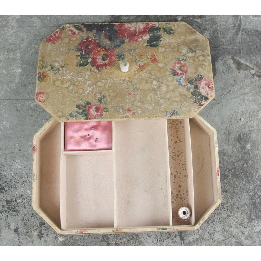Antique Floral Wallpaper Covered Octagon-Shaped Sewing Box, circa early 1900s